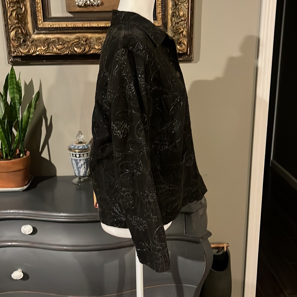 Chicos Design Vintage 100% Cotton Faded Black Jacket with Silver Shimmer Flowers - Picture 4 of 9